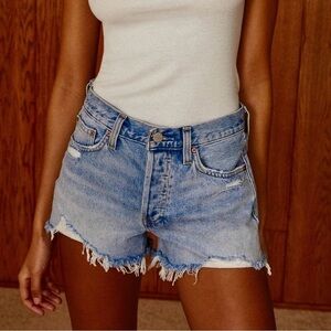 Aritzia Denim Forum Ex-Boyfriend Hi-Rise Denim Shorts Blue Distressed Sz 26